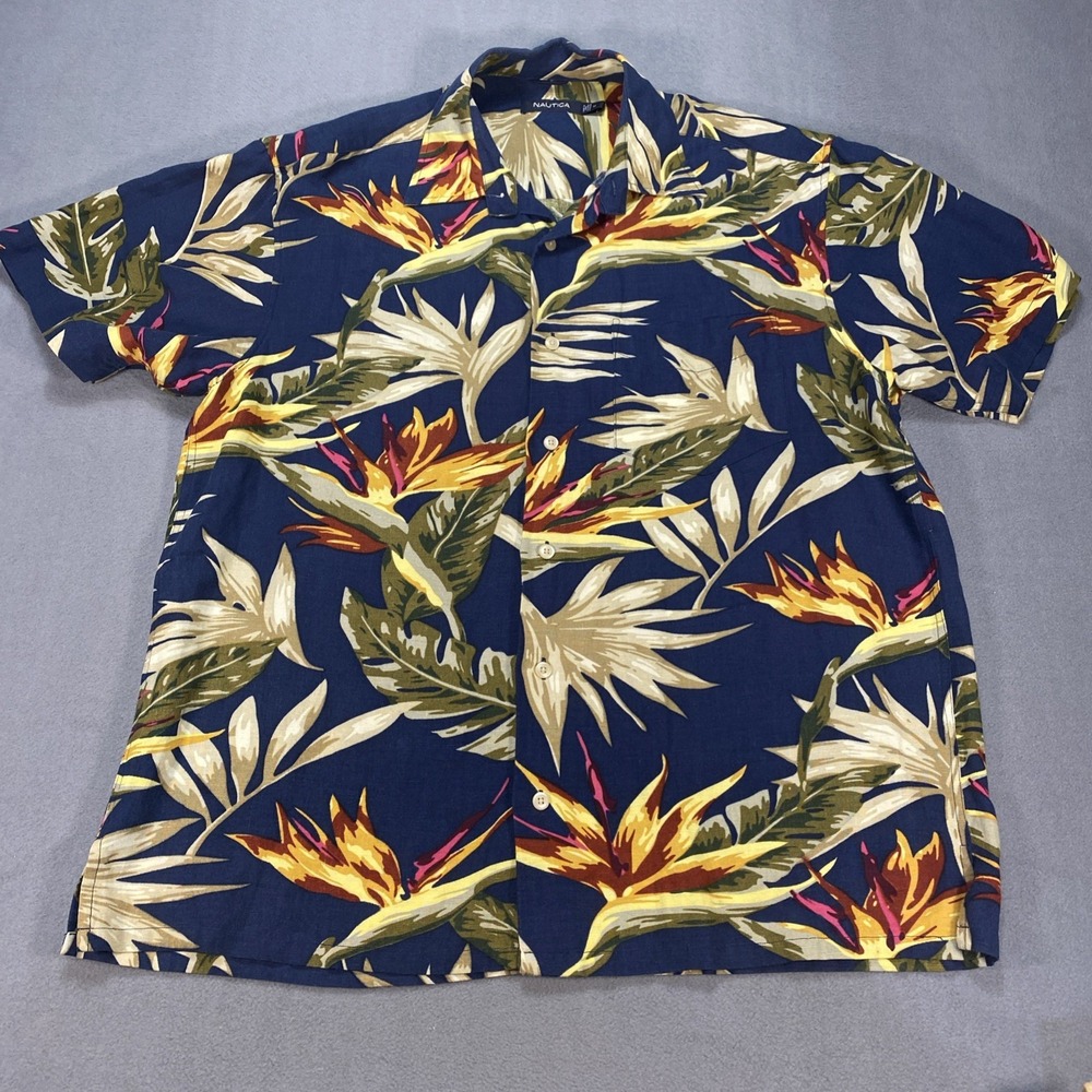 Nautica Linen Blend Mens Medium Hawaiian Tropical Short Sleeve Button Down Shirt